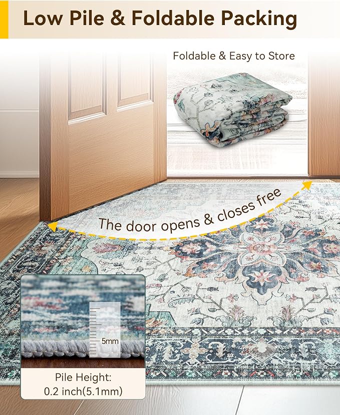 RELEANY Washable Area Rug, Runner 2'x5', Teal Green/White/Navy | Non-Slip - Image 6