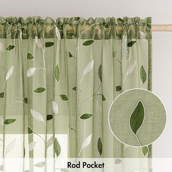 MIULEE Sage Green Sheer 30x36 Inches 2 Panels Embroidered Leaf Patterned | - Image 6