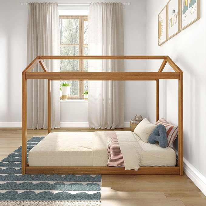 Max & Lily Twin Floor House Bed, Modern Solid Wood Low Bed Frame for Kids, Montessori Floor Bed for Bedroom, Playroom, Wooden Slats, Pecan