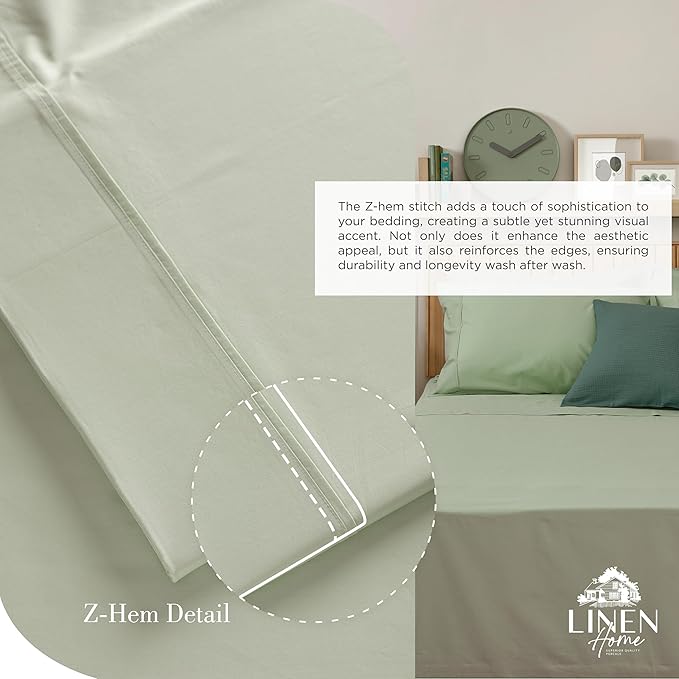 Linen Home 100% Cotton Percale Sheets Twin Size, Sage, Deep Pocket, 3 Pieces Set - 1 Flat, 1 Deep Pocket Fitted Sheet and 1 Pillowcase, Crisp Cool and Strong Bed Linen