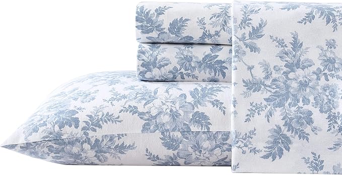 Laura Ashley - Flannel Sheets Full Size, Anti-Pilling & Wrinkle Resistant Cotton, Touchably Soft for All-Season Comfort - Bed Sheets with Matching Pillowcases & Fitted Sheet (Vanessa Blue)