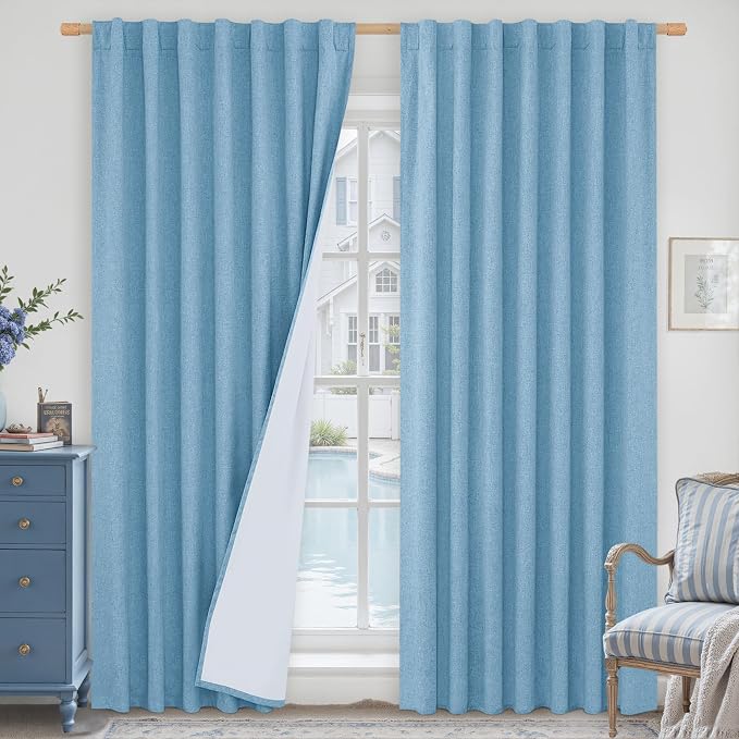 Blue 100% Blackout Linen Curtains 84 Inch 2 Panels by LAMIT