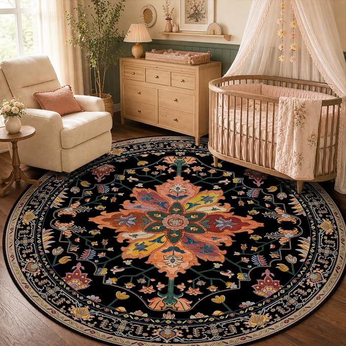 RELEANY Washable Area Rug, Round 5ft, Water Repellent, Pet Friendly, Vintage by RELEANY