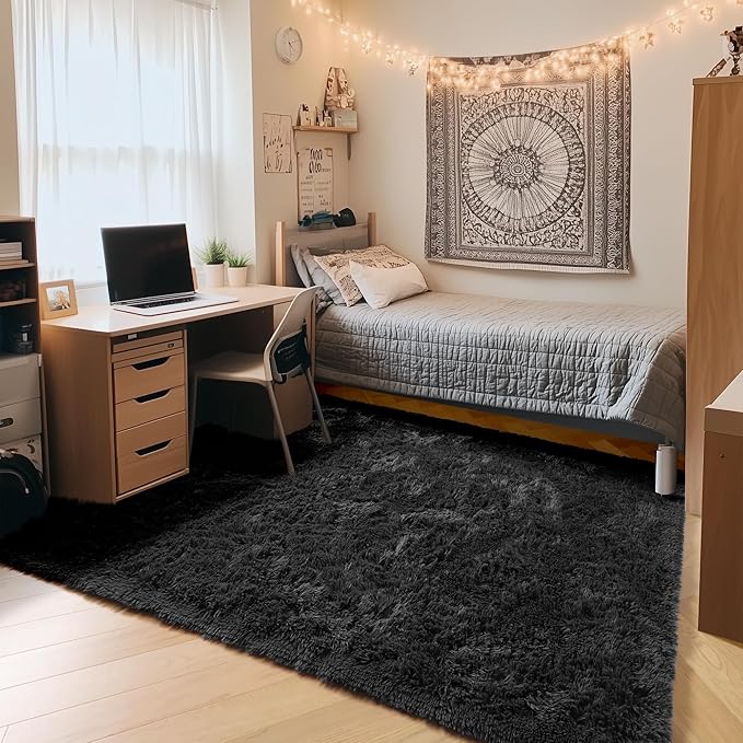 Black Rugs for Bedroom, 3x5 Fluffy Bedside Small Area Rug, Soft Plush Fuzzy by ONASAR