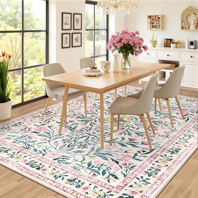 PLHXFR 6x9 Area Rug Living Room: Floral Washable Boho Carpet Pink Green | - Image 4