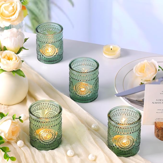 12pcs Green Votive Candle Holders，Glass Tea Lights Candle Holder Bulk for Birthday Parties, Weddings, Table Decorations, Candlelight Dinners
