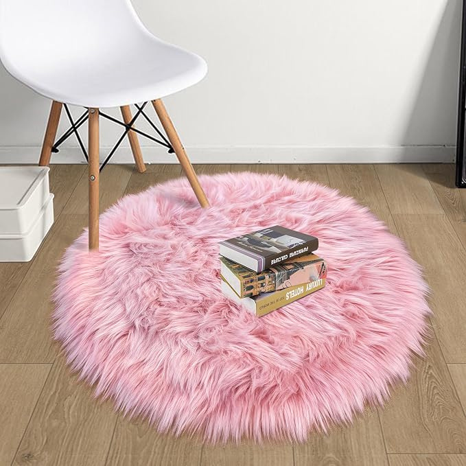Pink Round Rug for Girls Bedroom, Fluffy Circle Rug 2 2 Feet for Kids Room - Image 3
