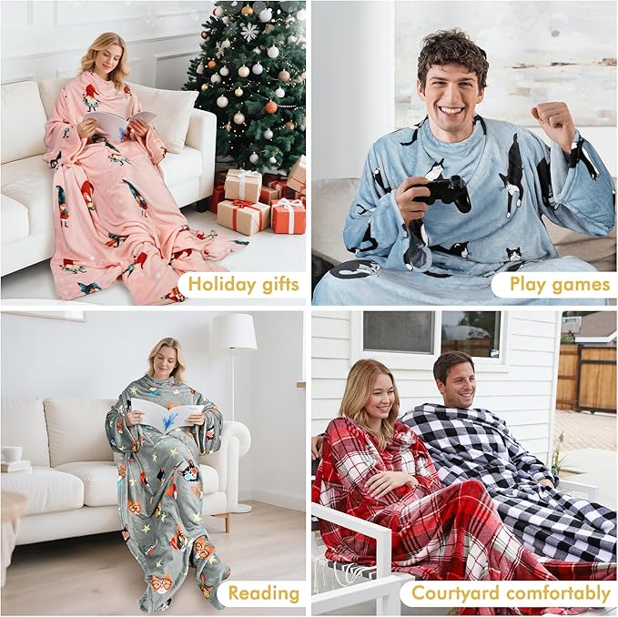 Catalonia Wearable Fleece Blanket with Sleeves and Foot Pockets for Adult Women Men, Micro Plush Comfy Wrap Sleeved Throw Blanket Robe Large, Gift for Her