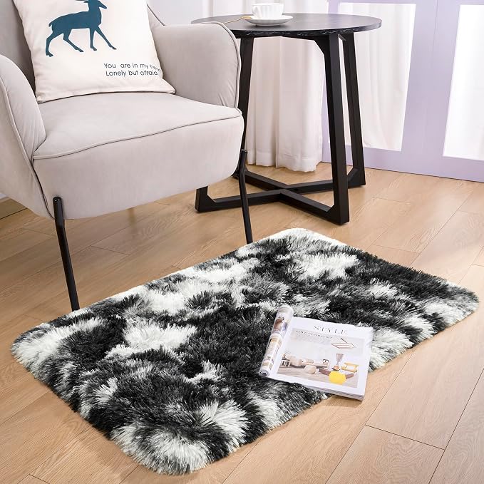 2x3 Tie-Dyed Black and White Fluffy Area Rug Non-Slip - Image 3