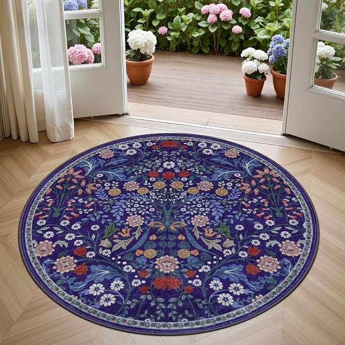 PLHXFR Round Area Rug Living Room: 4 ft Floral Washable Soft Carpet Blue | - Image 2