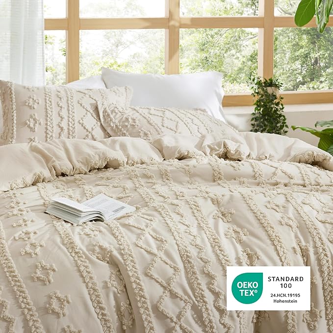 Bedsure Tufted Boho Comforter Set Oversized King - Beige Boho Bed Set, GentleSoft™ 3 Pieces Farmhouse Shabby Chic Embroidery Bedding, Gifts for Woman, Soft Jacquard Comforter for All Seasons