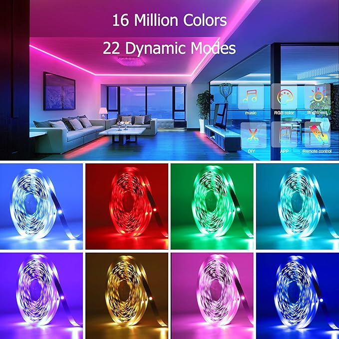 KEELIXIN LED Lights Music Sync RGB LED Strip Lights with APP & Remote Control (50ft)