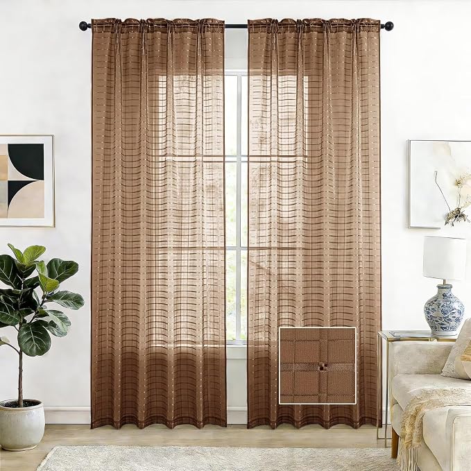 SpaceDresser Check Sheer Curtains 108 Inches Long by SpaceDresser