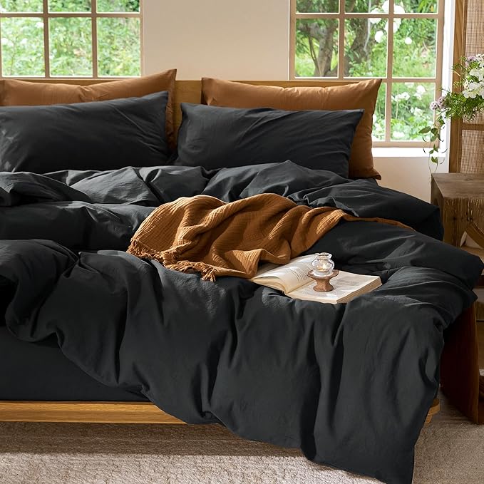 MooMee Bedding Duvet Cover Set 100% Washed Cotton Linen Like Textured Breathable Durable Soft Comfy (Solid Black, Super King 108"x98")
