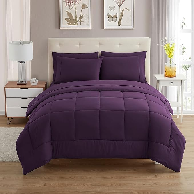 King Size Comforter Set with Sheets - 7-Piece Bedding Collection - 1 Comforter, 1 Fitted Sheet, 1 Flat, 4 Pillowcases - Deep Pocket - Soft & Breathable Premium Quality - Ideal for All Seasons, Purple