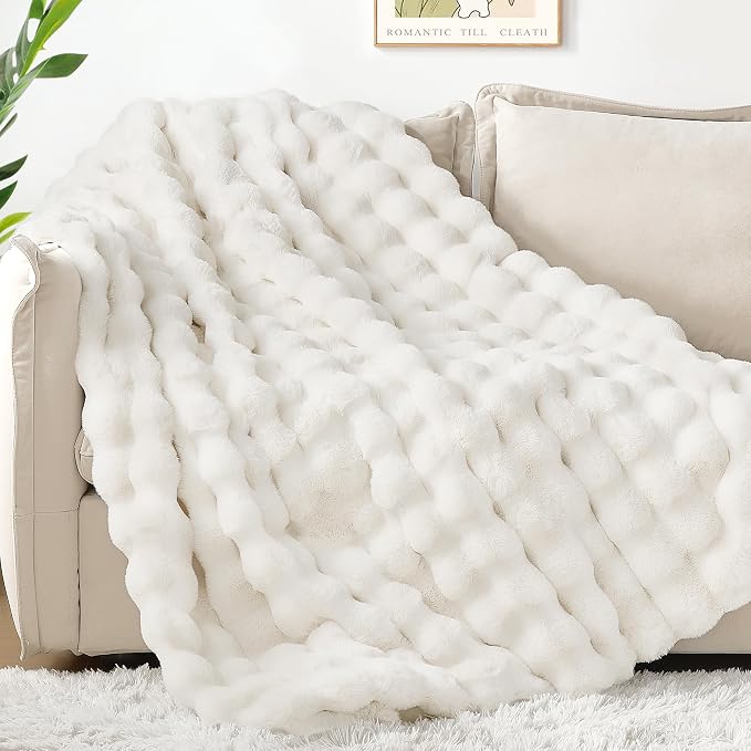 Luxury 1000GSM Rabbit Faux Fur Twin Blanket, Super Heavy Warm Cozy Beige Cream - Image 6