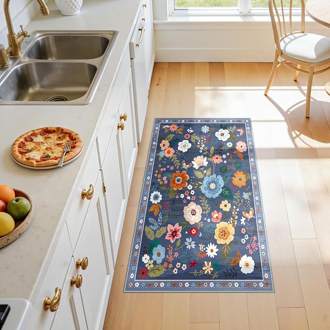 Floral Washable 2x4 Area Rugs Runner Entryway Hallway Blue/Grey | Flower Carpet - Image 3