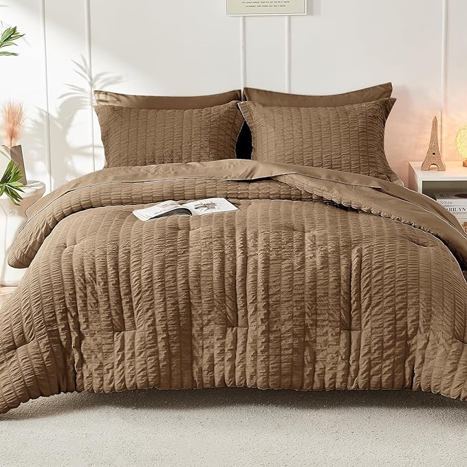 HYMOKEGE Brown Queen Comforter Set Seersucker 7 Pieces, All Season Luxury Bed in a Bag Queen for Bedroom, Bedding Set with Comforter, Sheets, Pillowcases & Shams