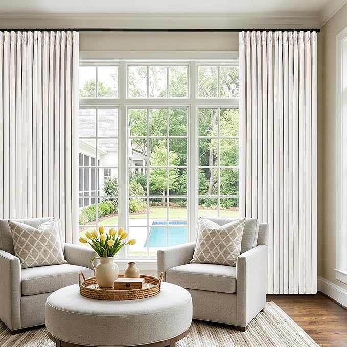 Ivory White Pinch Pleated Blackout Linen 92 Inch Bedroom Curtains 2 Panels | - Image 6