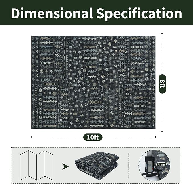 8x10 Retro Washable Area Rugs for Living Room, Dining Room- Black | Ultra Soft - Image 2