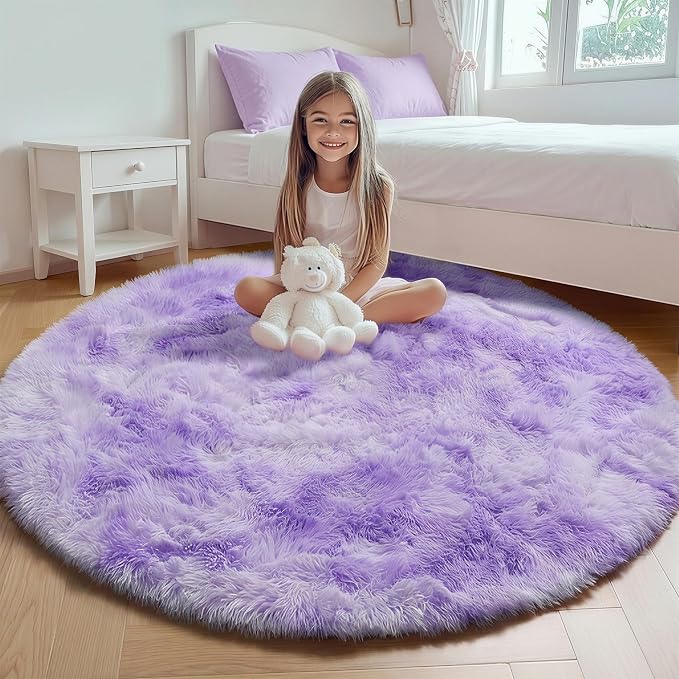 Tie-Dyed Purple Round Area Rug 4ft, Soft Bedroom Circle Rugs Floor Mats by ONASAR