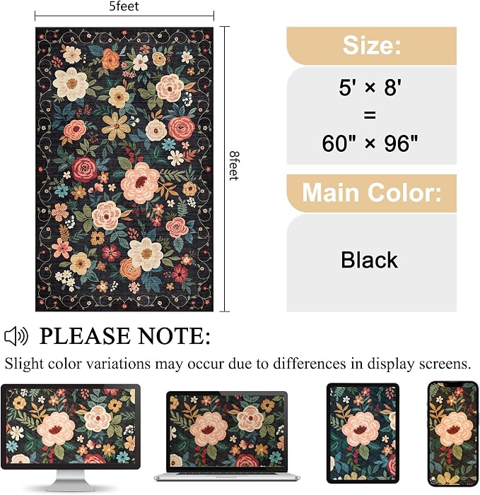 DUKINO 5x8 Area Rug for Bedroom, Soft Floral Washable Rug Non Slip, - Image 2