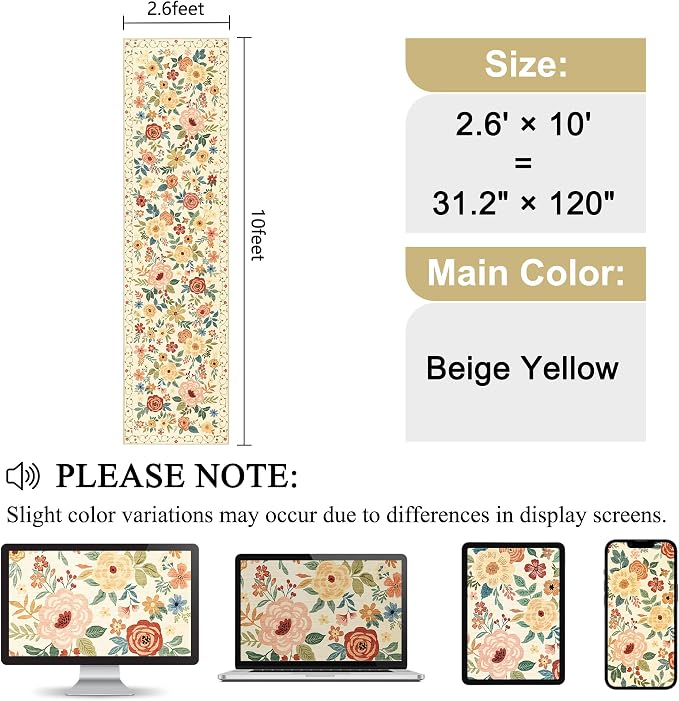 DUKINO 2.6x10 Hallway Runner Rug Washable Kitchen Rug Non Slip Beige Yellow | - Image 2