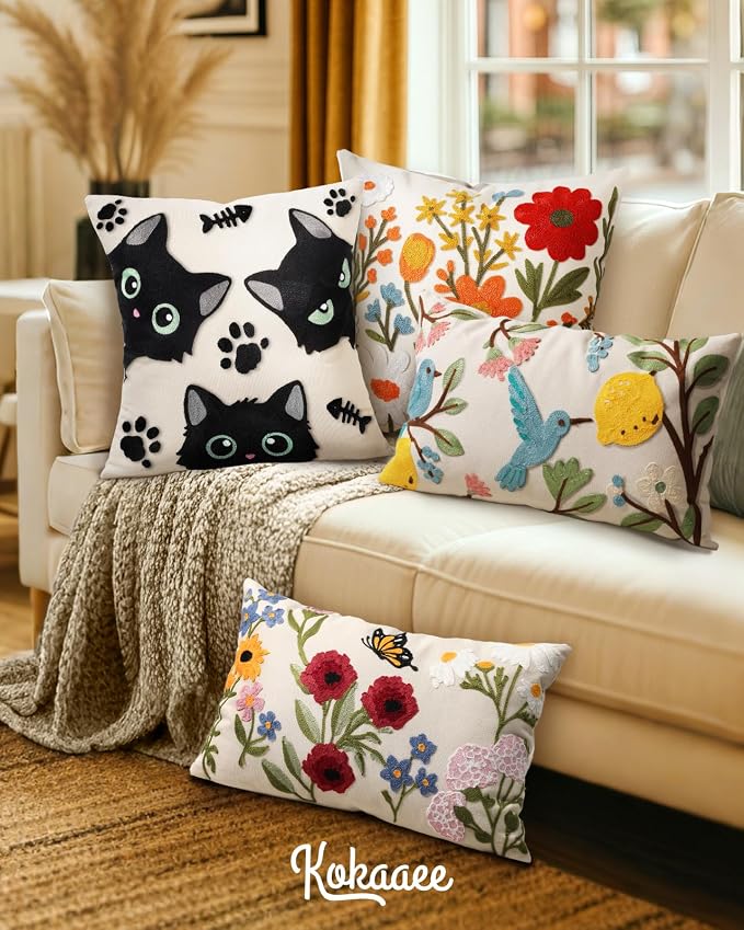 Embroidered Throw Pillow Cover 20x20 Inch, Cat Bone | Decorative Pillow Cover - Image 6