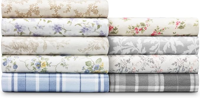 Laura Ashley - Flannel Sheets Twin Size, Anti-Pilling & Wrinkle Resistant Cotton, Touchably Soft for All-Season Comfort - Bed Sheets with Matching Pillowcase & Fitted Sheet (Crestwood Pastel Grey)