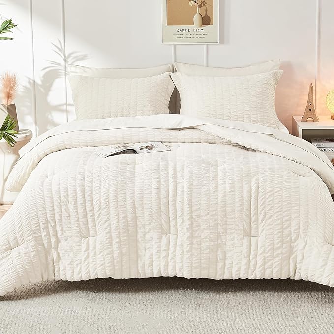 HYMOKEGE Ivory California King Comforter Set Seersucker 7 Pieces, All Season Luxury Bed in a Bag for Bedroom, Bedding Set with Comforters, Sheets, Pillowcases & Shams