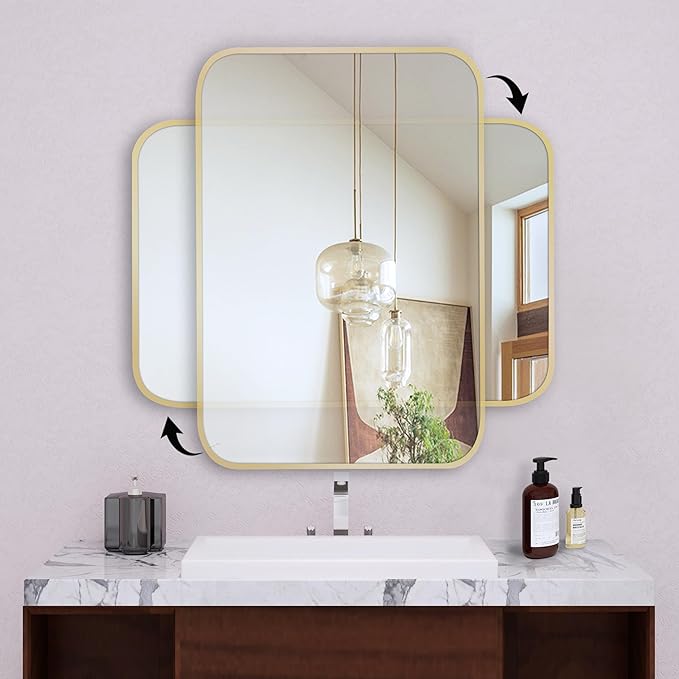 16"x20" Brushed Gold Mirror for Wall, Matte Gold Rounded Rectangle Mirror with Metal Frame Hanging for Bathroom Entryway Vanity,Living Room,Bedroom,Vertical or Horizontal