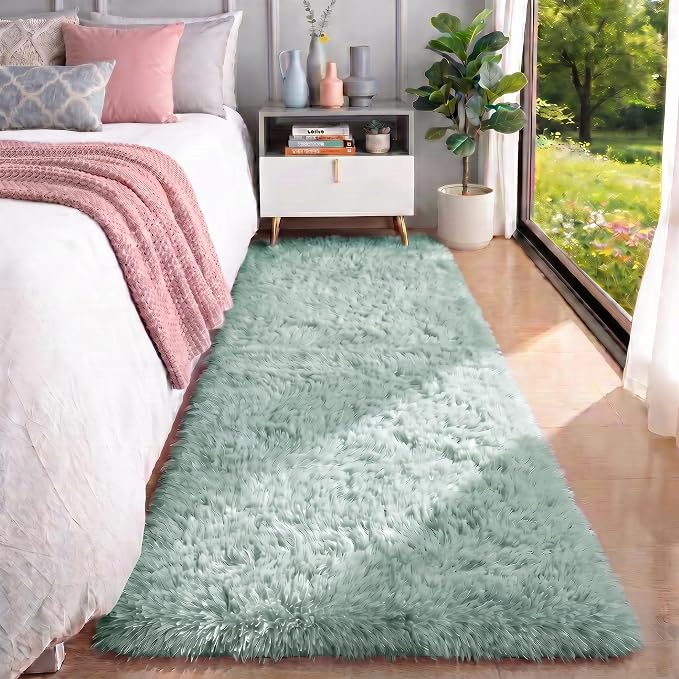 Sage Green Runner Rugs for Kids Bedroom Living Room Plush Fluffy Rug 2x6 Ft | - Image 2