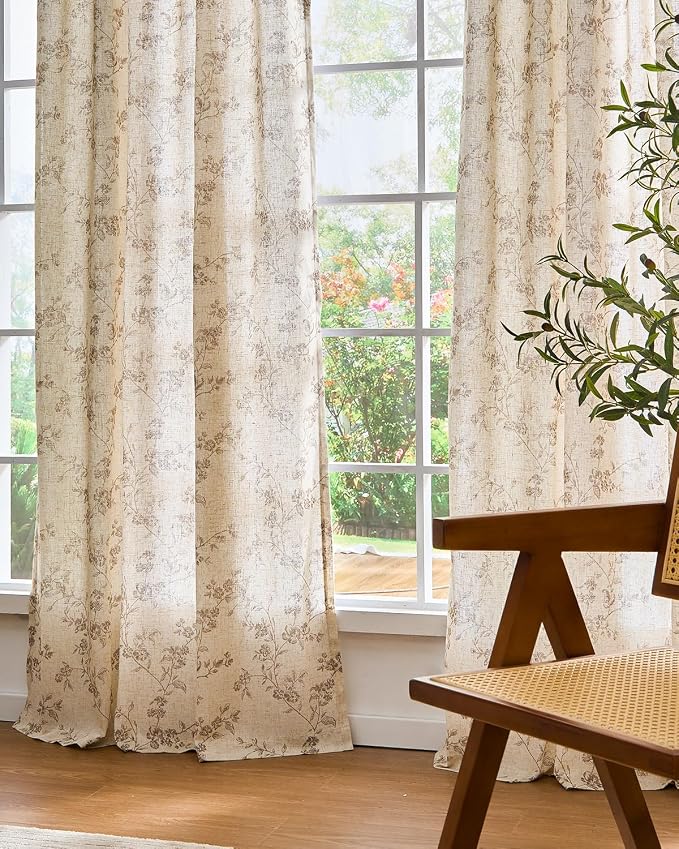 Extra Long Taupe Vintage Floral Linen Curtains Farmhouse 2 Panels | Elisa - Image 8