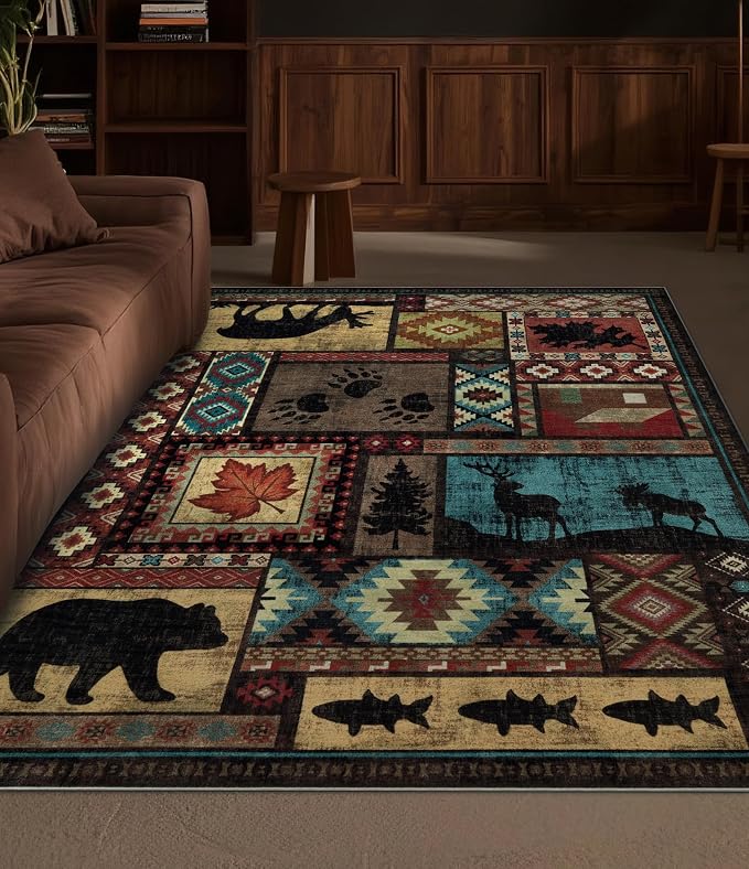 Rustic Cabin Area Rug 4x6, Machine Washable Lodge Bear Rug, Non-Slip Low Pile - Image 4