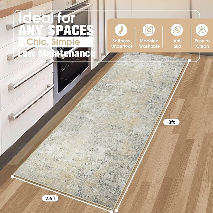 Aelenmu Runner Rugs for Hallways Kitchen 2.6x8 Non Slip Washable Beige Grey | - Image 2