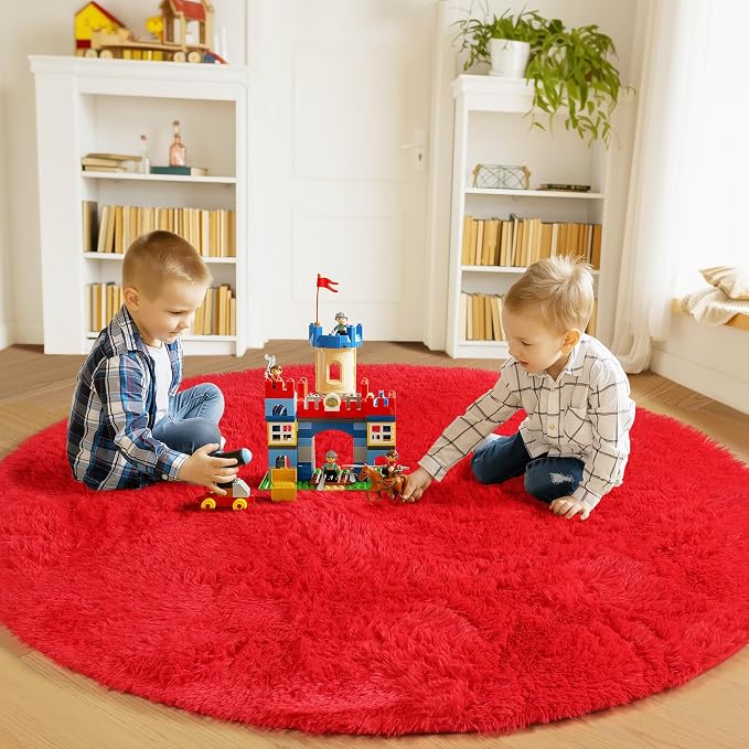 Red Round Rugs 5ft for Bedroom Living Room, Fluffy Circle Area Rug for Kids - Image 3