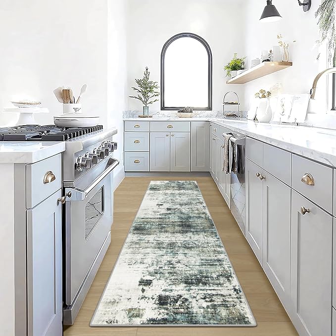 2'6''x8' Runner Rugs Washable Rug:Modern Abstract Hallway Teal Green Carpet | by GENTDRIZZ