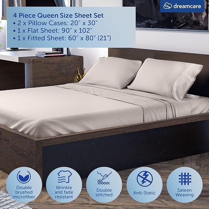 DREAMCARE Queen Sheet Set – 4 pcs Cooling Sheets – up to 21” Extra Deep Pocket Queen Sheets – Hotel Luxury Sheets & Pillowcases – Superior Softness 100% Microfiber with Side Pocket - Beige