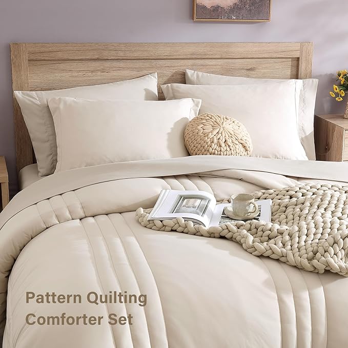 Monbix Queen Comforter Set - 7 Pieces Beige Bed in a Bag Queen Bedding Sets with Comforters, All Seasons Comforter Bed Set with Sheets,Pillowcases & Shams