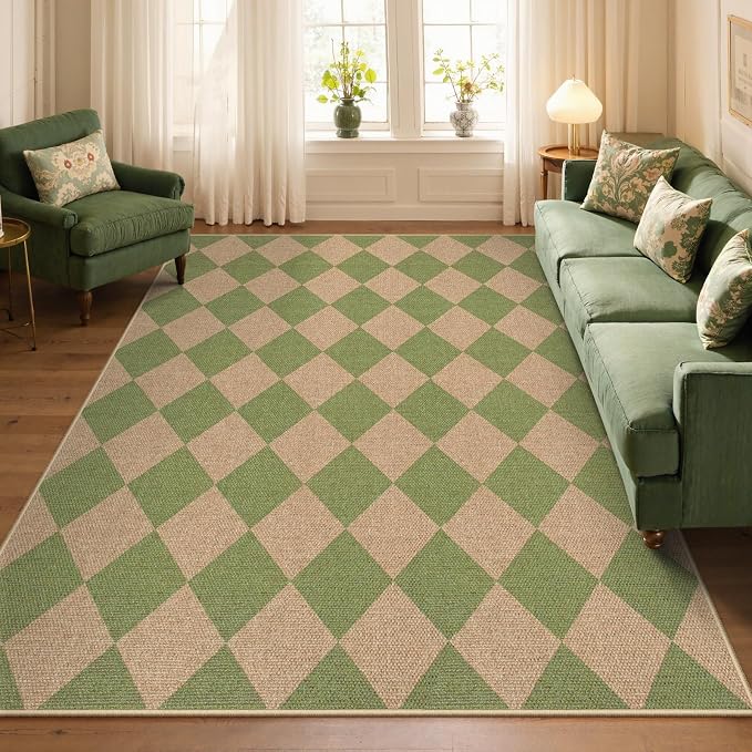 Lahome Checkered Easy Jute 5x7 Area Rug, Outdoor Patio Rugs Washable Green | - Image 4