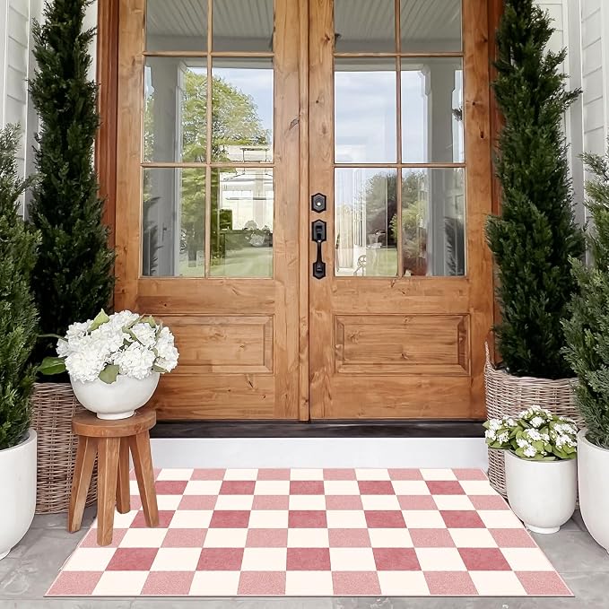 Pink White Checkered Rug - Image 4
