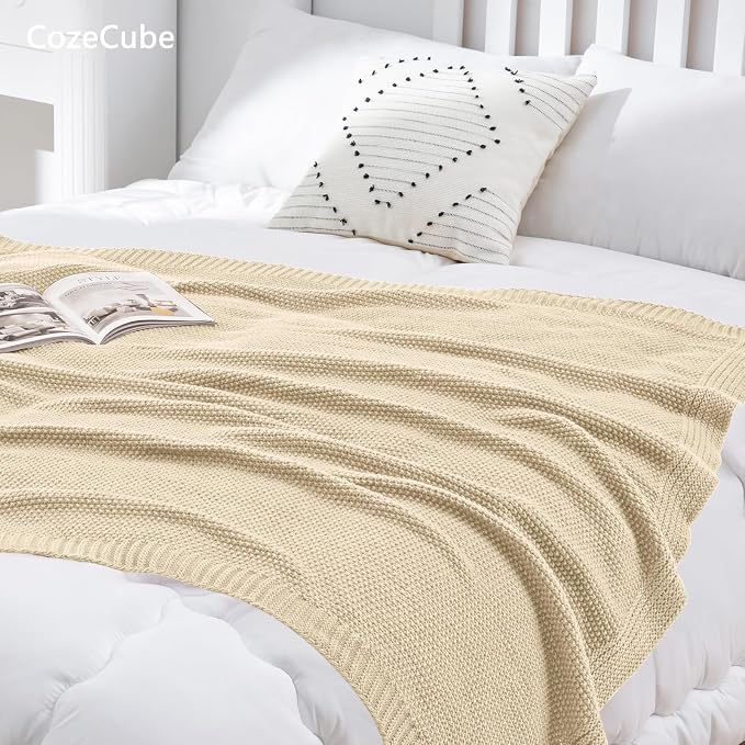 CozeCube Light Beige Seed Stitch Throw Blanket 50"x60", Farmhouse Decor | - Image 5