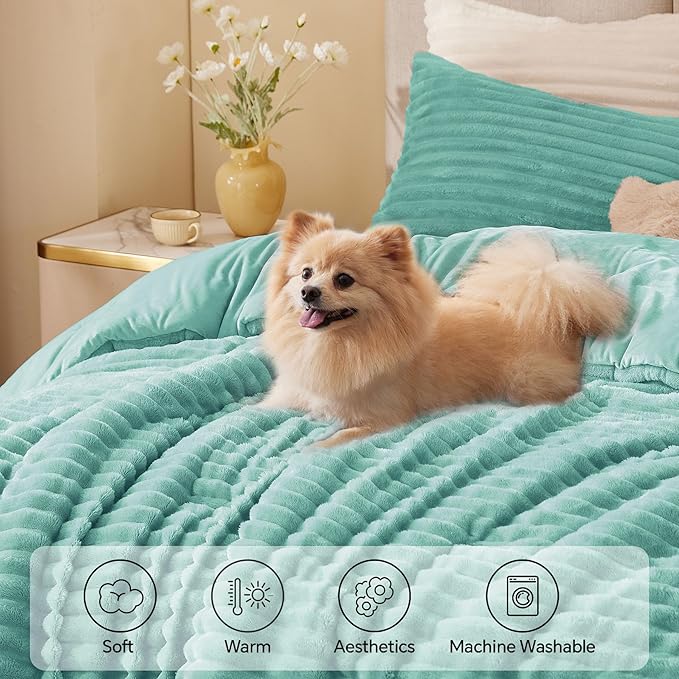 BEDELITE Fleece Queen Comforter Set -Super Soft & Warm Fluffy Haze Blue Bedding, Luxury Fuzzy Heavy Bed Set for Winter with 2 Pillow Cases