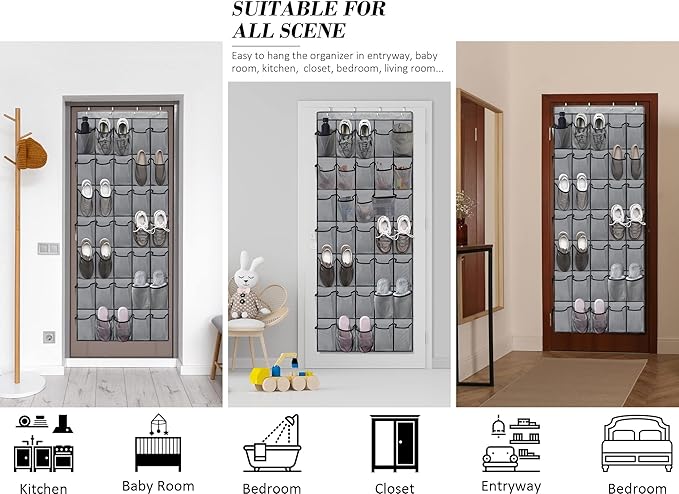 Over the Door Shoe Organizers 35 Mesh Pockets Hanging Shoe Organizer Shoe Rack for Closet Entryway Bedroom Bathroom Pantry Shoe Holder for Sneakers, High Heeled Shoes, Flip Flops (Gray 67.7” × 26.4”)