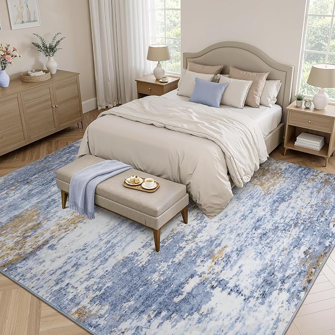 9x12 Area Rug for Living Room, Abstract Washable Large Rugs, Light Blue | - Image 2