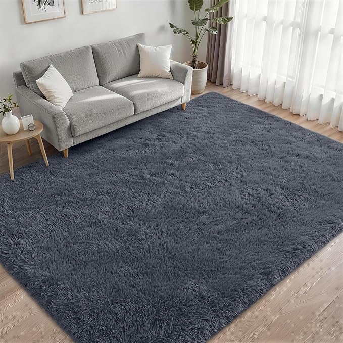 Area Rug Living Room Bedroom: 5x7 Fluffy Plush Shag Carpet Grey | - Image 2