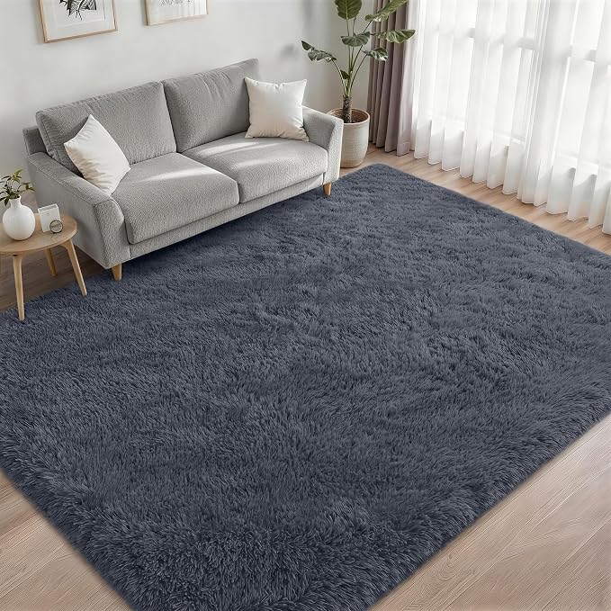 Area Rug Living Room Bedroom: 6x9 Fluffy Plush Shag Carpet Grey | - Image 2
