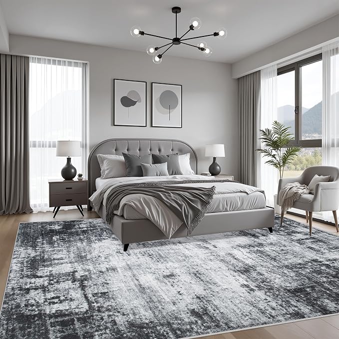 Area Rug Living Room: 8x8 Modern Washable Soft Carpet Dark Black | - Image 3