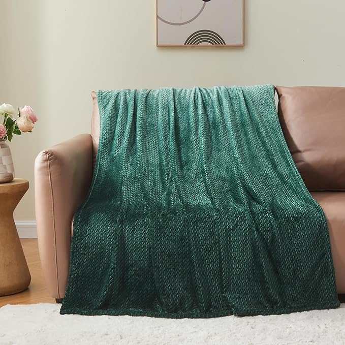 NEWCOSPLAY Super Soft Throw Blanket Ombre Forest Green Premium Silky Flannel Fleece Leaves Pattern Lightweight Bed Blanket All Season Use (Ombre Forest Green, Throw(50"x60"))