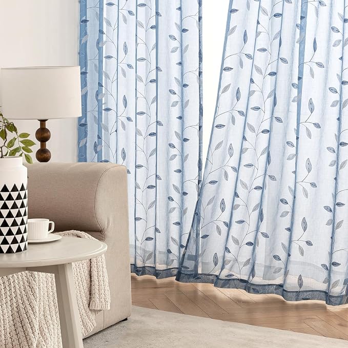 MIULEE Dusty Blue Sheer Curtains 2 Panels Leaf Patterned, W52 x L63 | - Image 3